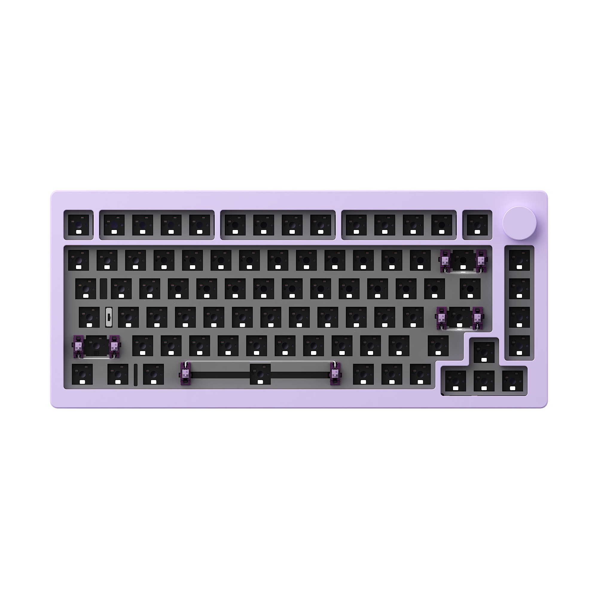 MonsGeek M1W V3 VIA keyboard features a light purple case, black keycaps with purple accents, and a compact layout with a volume knob on the top right corner.