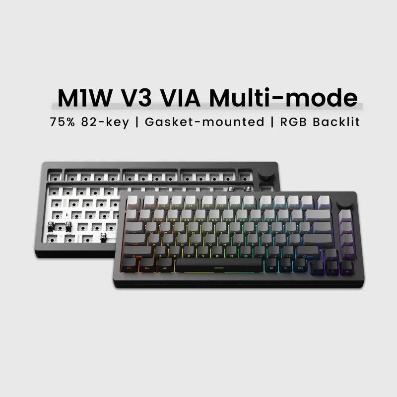 MonsGeek M1W V3 VIA keyboard features a sleek gray design, 75% layout with 82 keys, gasket-mounted construction, and customizable RGB backlighting.