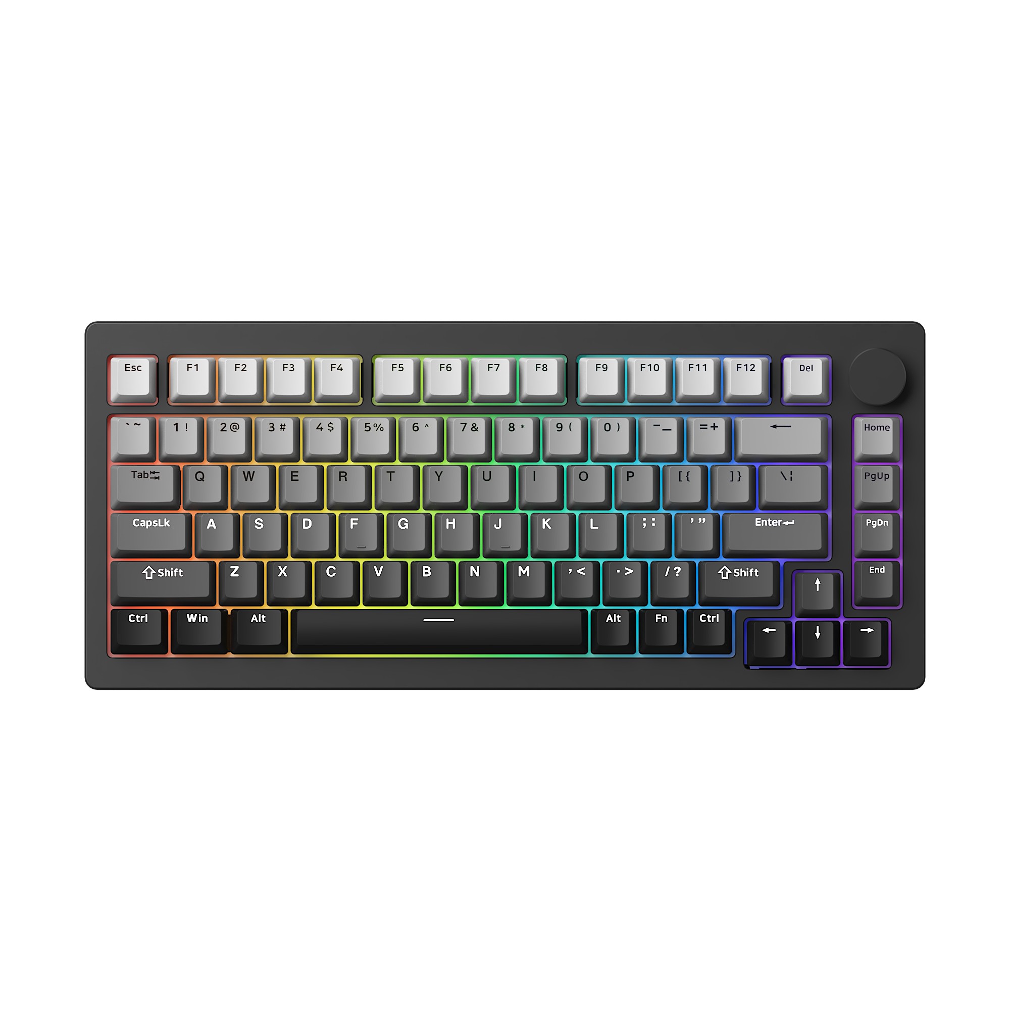 Compact black keyboard with RGB backlit keys, featuring a round volume knob, customizable keycaps, and a sleek design, ideal for gaming and productivity.