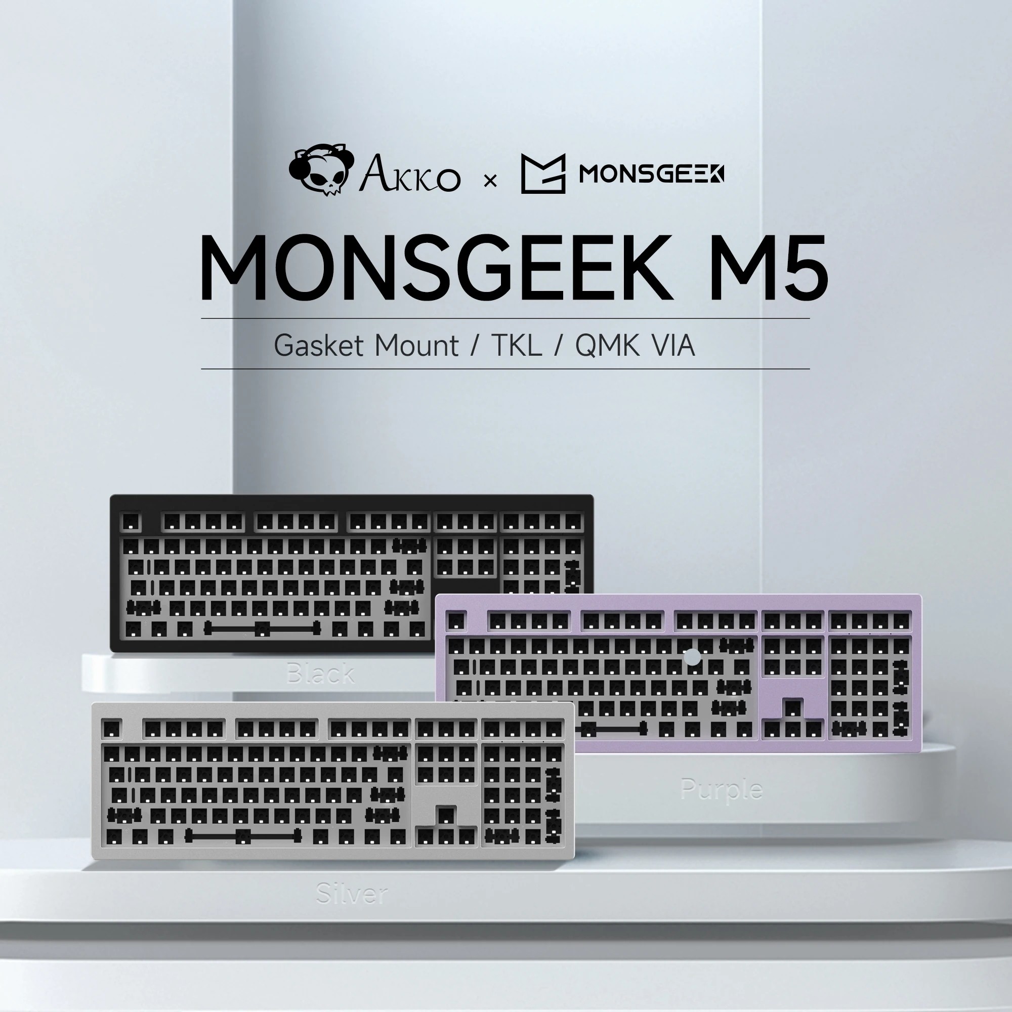 MonsGeek M5 QMK DIY Kit featuring three color options: black, silver, and purple, showcasing a TKL layout with a gasket mount design and customizable key switches.