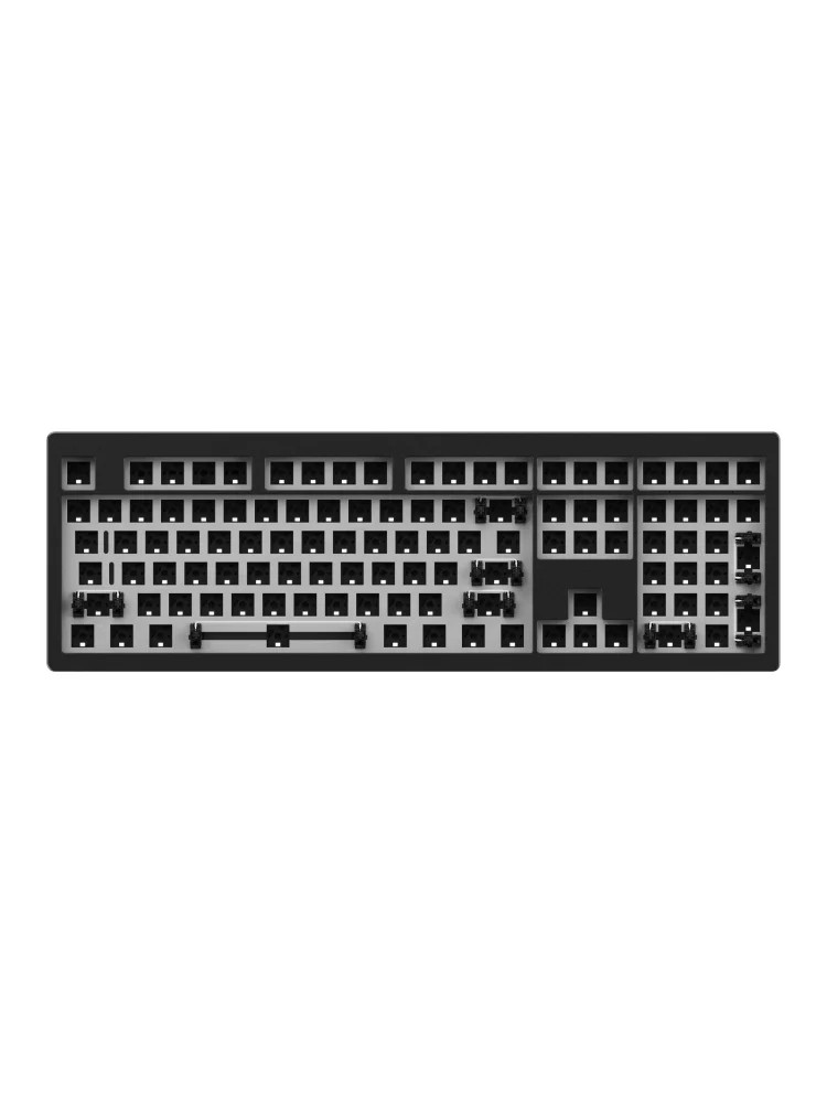 Black DIY keyboard kit featuring a compact layout with customizable key switches, multiple keycap slots, and a sleek, minimalist design.