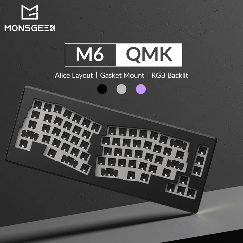 MonsGeek M6 QMK DIY Kit features a black gasket mount keyboard with an Alice layout, showcasing a compact design and customizable RGB backlighting.
