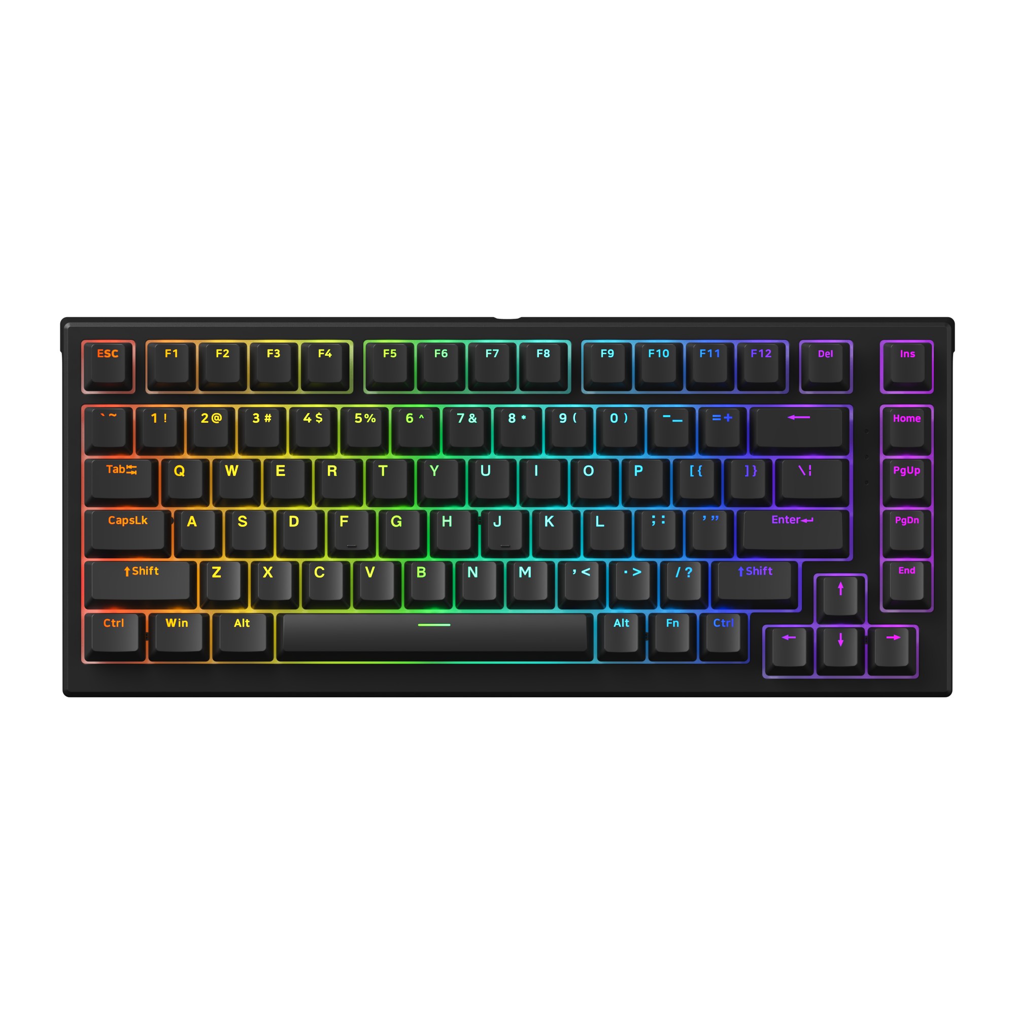 Compact black keyboard with RGB backlighting, featuring a sleek design, mechanical keys, and a shine-through effect for vibrant illumination.