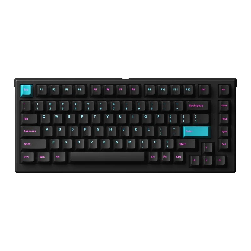 MonsGeek MG75W Midnight keyboard features a sleek black design with RGB backlit keys in purple and teal, compact layout, and durable keycaps for a modern gaming aesthetic.