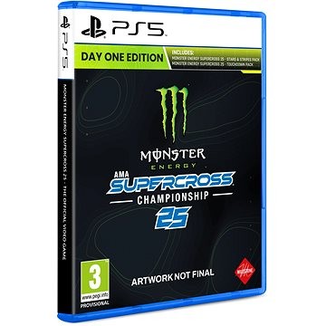 Cover art for "Monster Energy Supercross 25" video game for PS5, featuring vibrant green Monster Energy logo, blue case, and text highlighting "Day One Edition" and "AMA Supercross Championship."