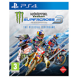 Cover art for "Monster Energy Supercross 3," featuring vibrant colors, motocross riders in action, and the Monster Energy logo prominently displayed.