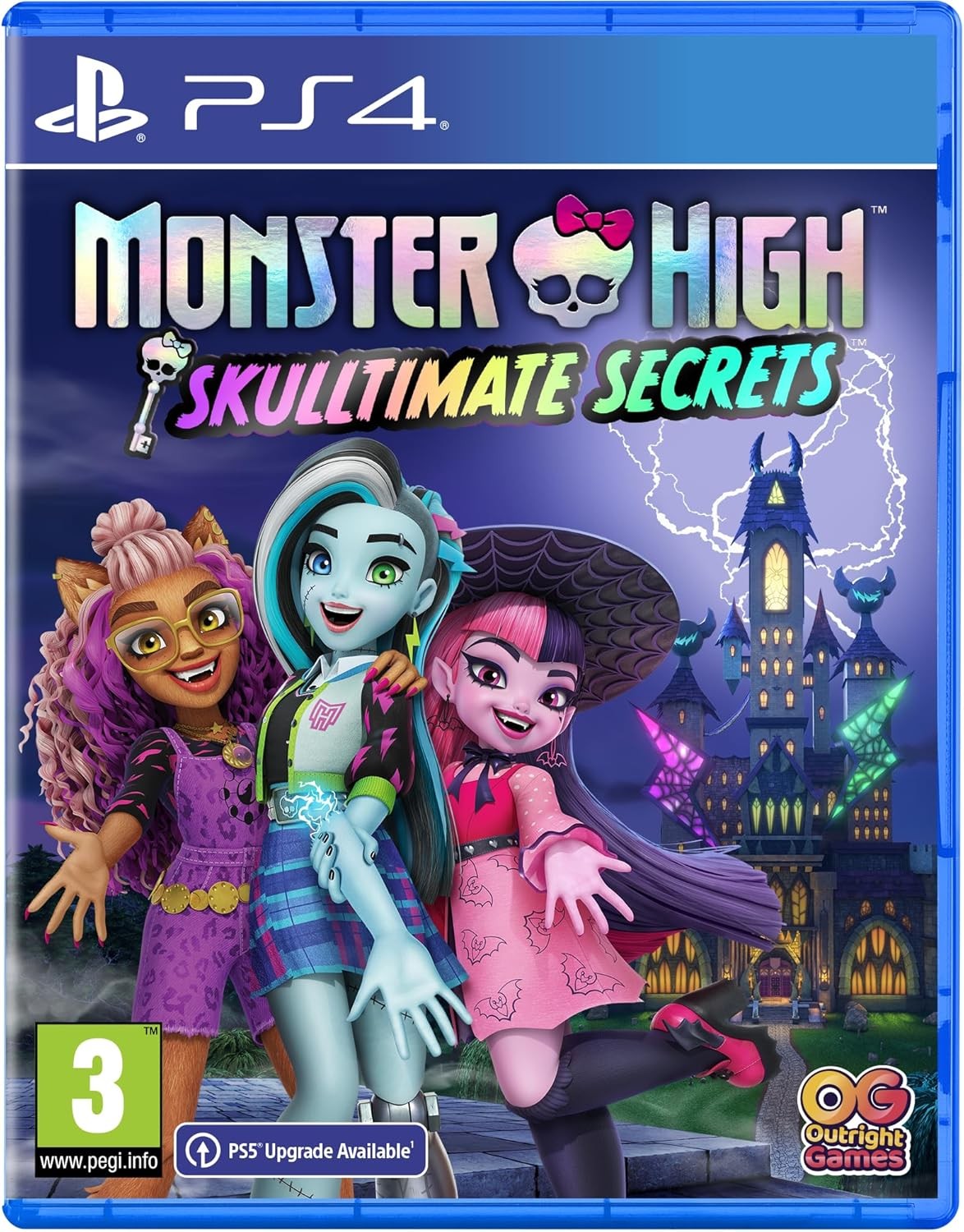 Cover art for "Monster High: Skulltimate Secrets" on PlayStation 4 features three colorful characters in stylish outfits, with a spooky mansion backdrop and vibrant title graphics.