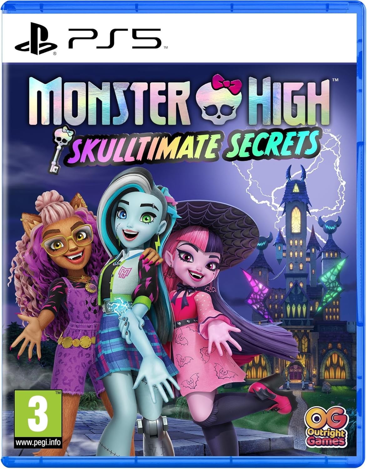 Colorful PS5 game cover featuring three animated characters from Monster High, with a spooky mansion in the background, showcasing vibrant outfits and playful expressions.