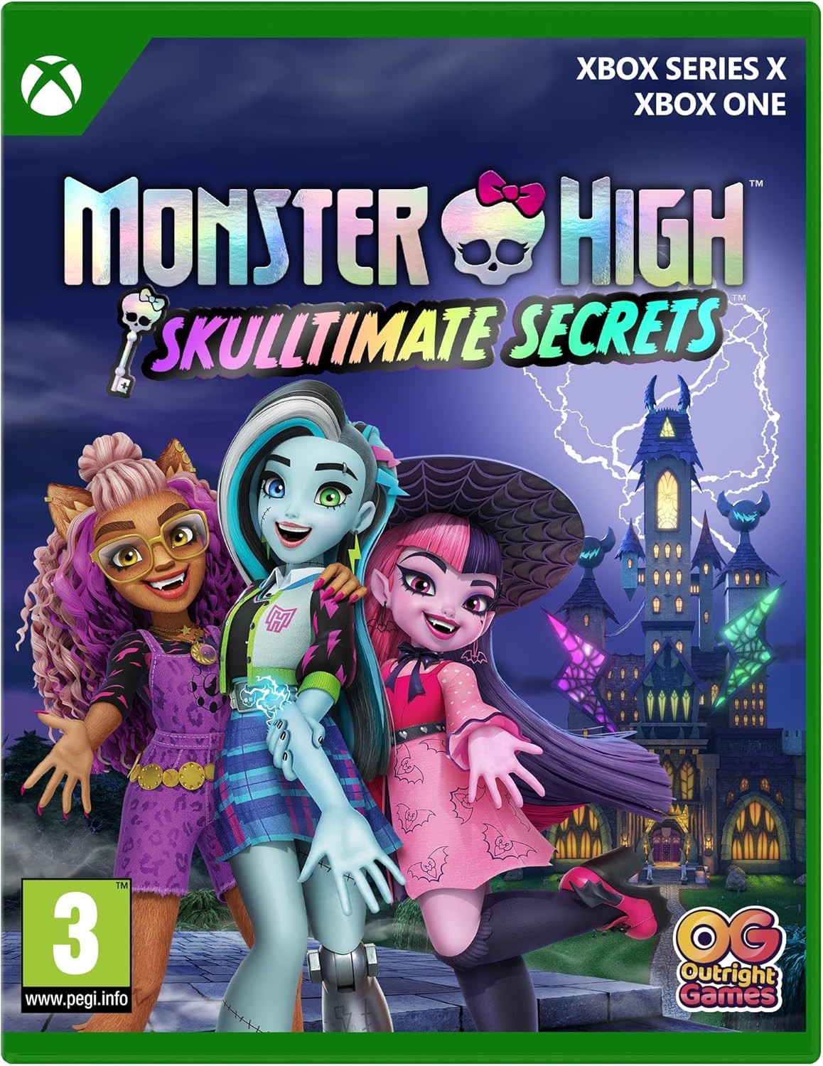 Monster High: Skulltimate Secrets for Xbox Series X features colorful cartoon characters in stylish outfits, set against a spooky castle backdrop, with vibrant green packaging.