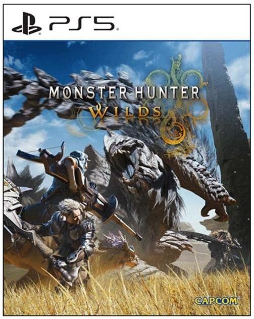 Cover art for "Monster Hunter Wilds" featuring a hunter and a large monster in a desert landscape, with vibrant colors and detailed character designs, set against a PS5 logo.