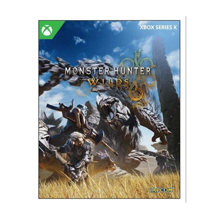 Cover art for "Monster Hunter Wilds" featuring a fierce monster and a hunter in a grassy landscape, with a blue sky and dramatic clouds, designed for Xbox Series X.