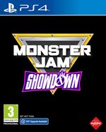Monster Jam Showdown for PlayStation 4 features a bold yellow and purple logo on a black background, with a triangle design and age rating of 3+, highlighting its gaming credentials.