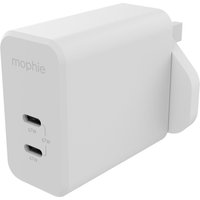 White Mophie dual USB-C wall adapter with 67W GaN technology, UK plug, compact rectangular design.