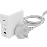 White Mophie wall adapter with 3 USB-C ports, 1 USB-A port, and UK plug, featuring a compact rectangular design.