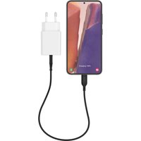 White Mophie 20W USB-C PD wall adapter with two-prong plug, connected to a smartphone via a black cable.