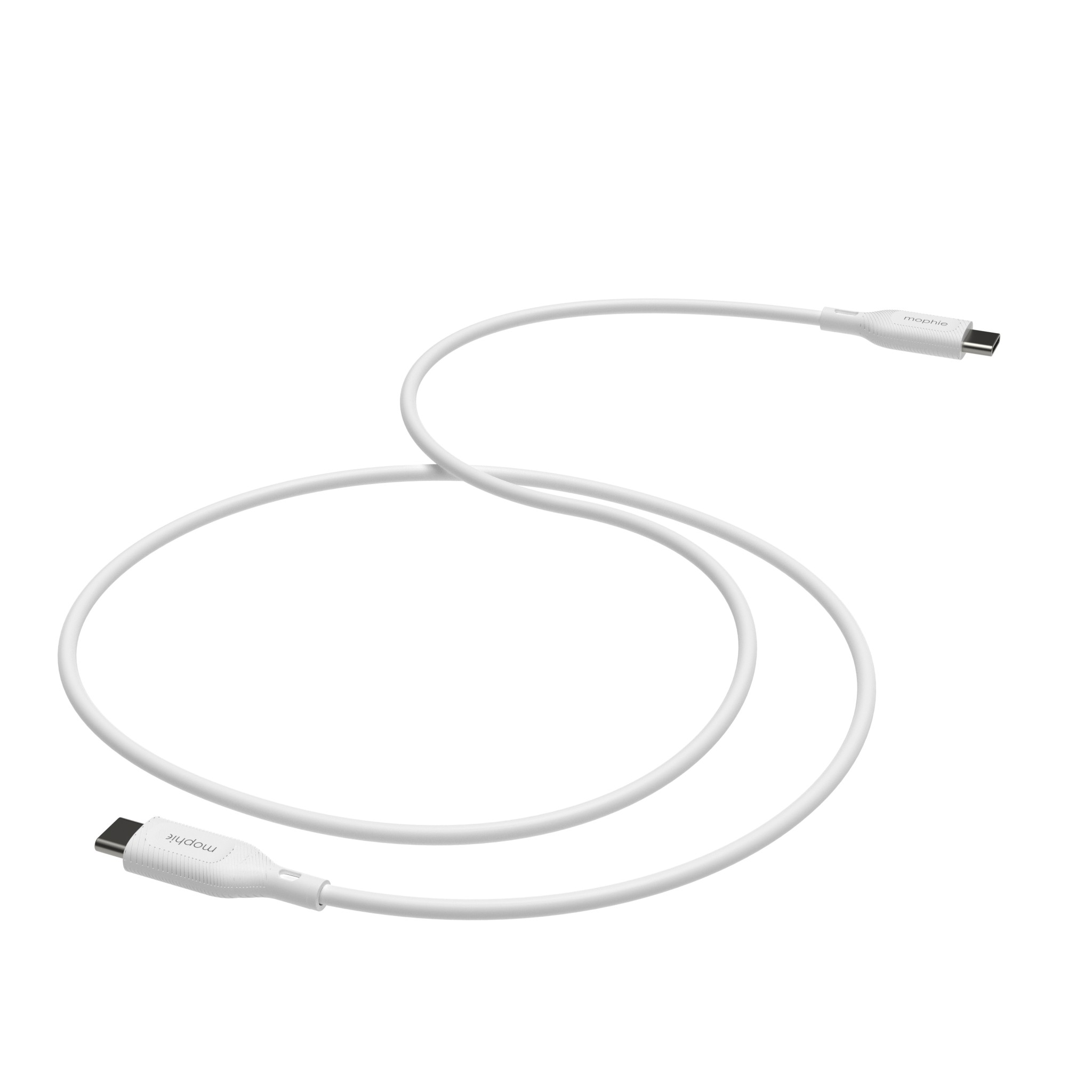 White USB-C to USB-C cable by Mophie, 3 meters long, featuring durable connectors and a flexible design for easy use and connectivity.