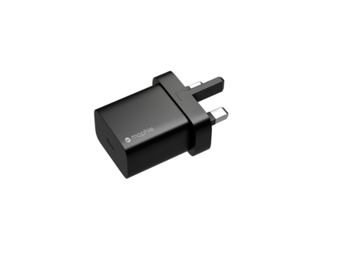 Black Mophie USB-C wall adapter with a 20W output, featuring a compact design and UK three-pin plug for charging devices efficiently.