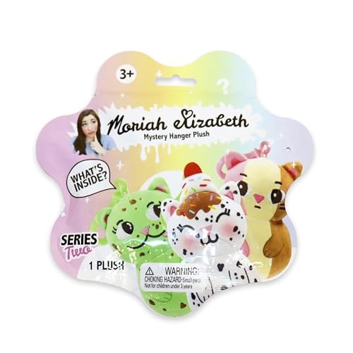 Colorful packaging featuring cartoon-style plush keyrings, including a green cat, ice cream cone, and a brown animal, with a whimsical background and a "What's Inside?" label.