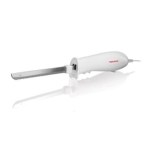 White electric carving knife with a stainless steel serrated blade, featuring a red Morphy Richards logo on the handle and a sleek ergonomic design.