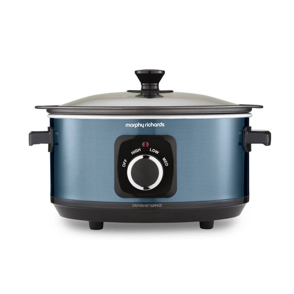 Blue 3.5L slow cooker with a stainless steel body, black handles, and a transparent lid, featuring a control dial for off, low, medium, and high settings.
