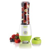 Morphy Richards NutriGo 1 Cup Blender features a sleek white base with a vibrant green bottom, a clear blending jar filled with colorful fruits, and a matching green lid.