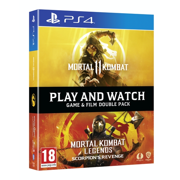 Mortal Kombat 11 Scorpion's Revenge Bundle for PlayStation 4 features vibrant yellow and orange artwork, showcasing Scorpion and the game title, with a double pack label and age rating.