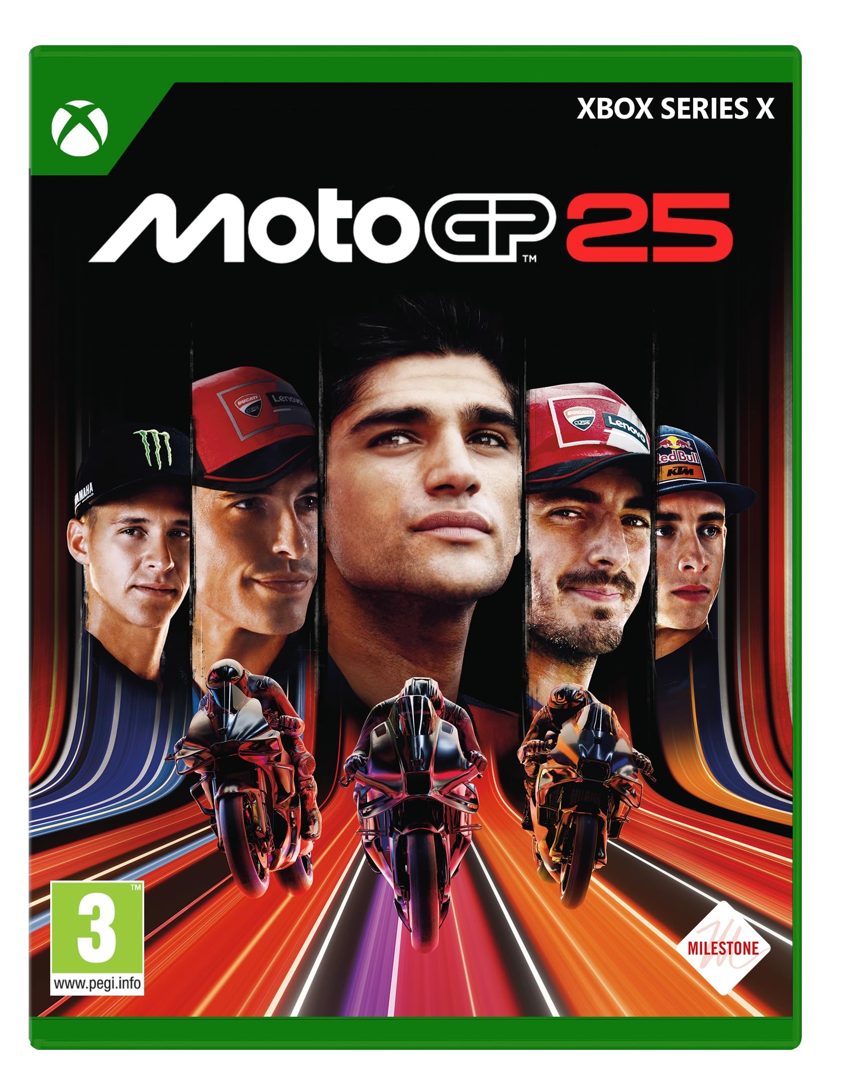 Cover art for "MotoGP 25" featuring six riders in racing gear against a colorful, dynamic background, with the title prominently displayed at the top.