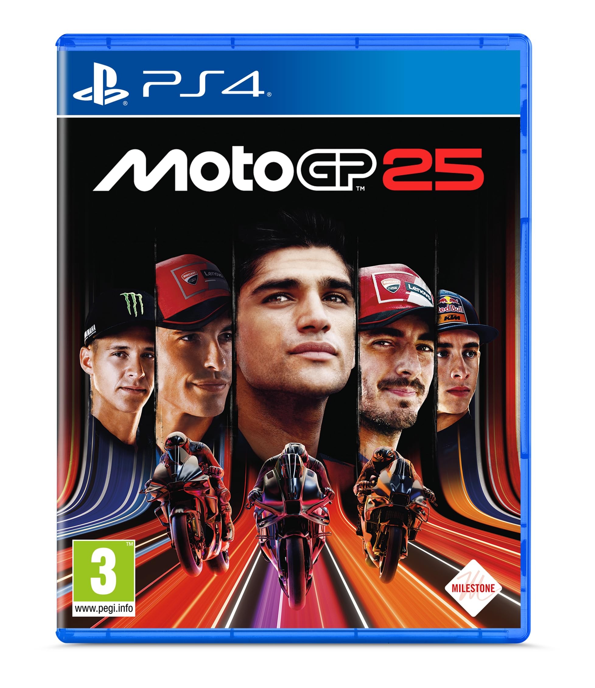 MotoGP 25 for PlayStation 4 features a vibrant blue case, showcasing the game title prominently with dynamic graphics of riders and motorcycles against a colorful background.