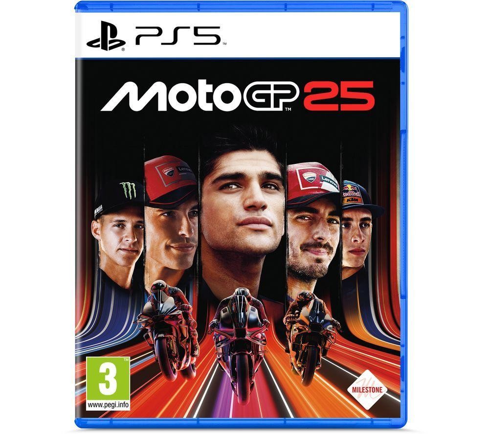 MotoGP 25 for PS5 features a vibrant cover with four riders, sleek motorcycles, and a dynamic background of colorful lines, all set against a black backdrop.