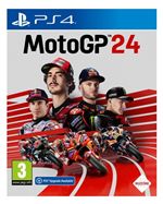 Cover art for "MotoGP24" features four riders in racing gear against a dynamic red background, showcasing motorcycles and the PlayStation 4 logo prominently.