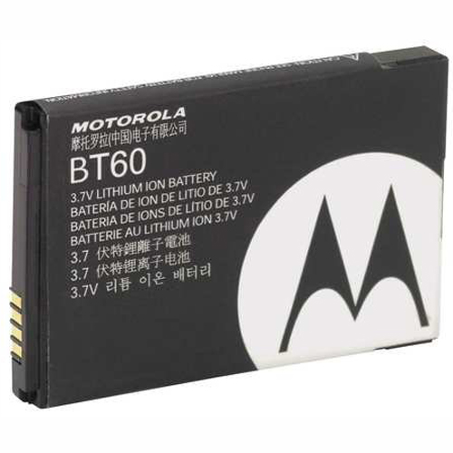 Black Motorola lithium-ion battery, model BT60, rated at 3.7 V and 1130 mAh, featuring gold contact points and multi-language labeling on the front.