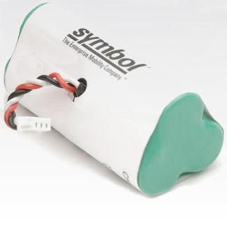 White battery with a green end, featuring a black and red wire connector, labeled "Symbol" with a logo, designed for Motorola barcode reader accessories.