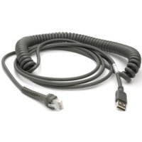 Grey coiled Motorola USB cable, 4.57 m, with USB A connector and Ethernet plug.