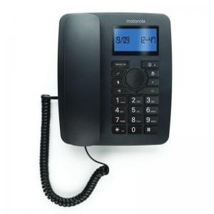 Black Motorola C4201 corded telephone with a digital cordless handset, featuring a numeric keypad, LCD display, and a coiled cord for connectivity.
