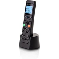 Black Motorola E211 cordless phone with digital display, numeric keypad, and charging base.