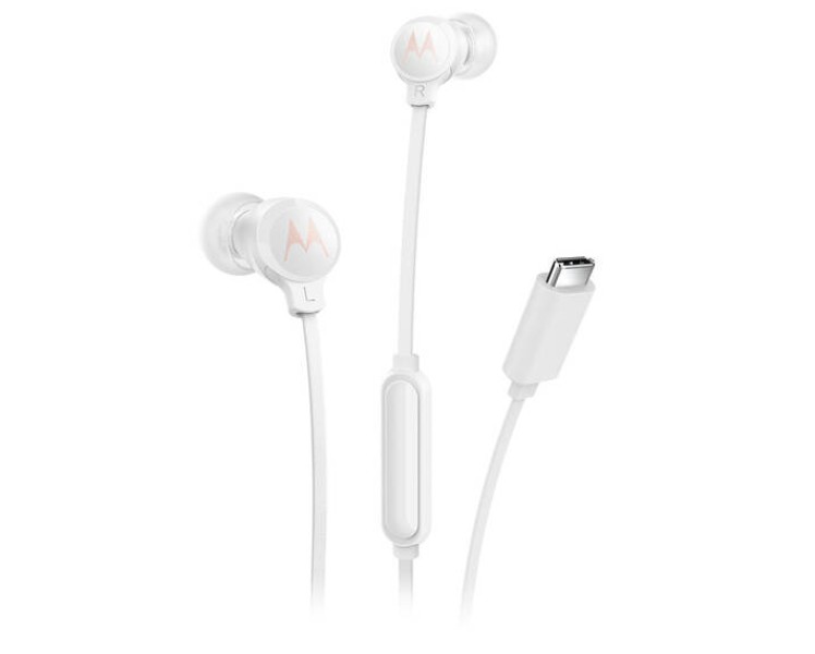 White wired in-ear earbuds with a USB-C connector, featuring a sleek design, left and right indicators, and an inline microphone control.