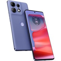 Blue Motorola edge 50 Pro smartphone with triple rear cameras, 6.67-inch display, and centered front camera.