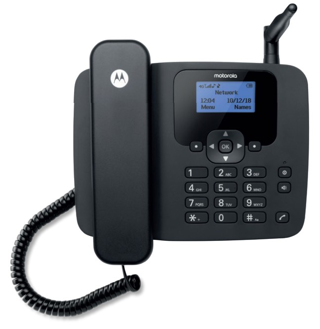 Black Motorola FW410L quad-band GSM phone with a detachable handset, large keypad, LCD display showing network info, and an antenna on the top right.
