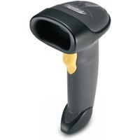 Black Motorola LS2208 1D laser barcode scanner with ergonomic handle and yellow trigger button.