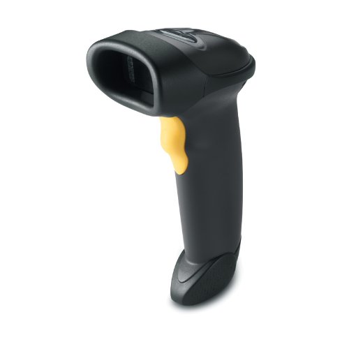 Black Motorola LS2208 laser barcode scanner with a textured grip, yellow trigger button, and a curved design for ergonomic use.