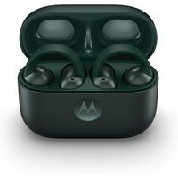 Motorola moto buds loop wireless ear-hook headset in black with charging case, designed for calls, music, and sport.