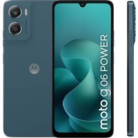 Blue Motorola moto g06 power smartphone, dual rear cameras, 6.88" display, USB Type-C, side view showing slim profile.