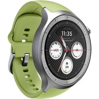 Silver Motorola Moto Watch with 1.43" OLED touchscreen, green band, and three digital dials on the face.
