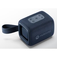 Blue Motorola ROKR 300 Mono portable speaker, rectangular with rounded edges, 7W, control buttons on top, strap attached.