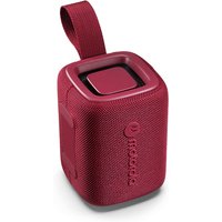 Red Motorola ROKR 300 Mono portable speaker, compact design, fabric texture, with a loop handle on top.