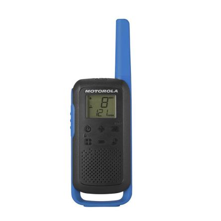 Black and blue Motorola Talkabout T62 walkie talkie with 16 channels, waterproof design, LCD display showing channel number, and a prominent antenna.