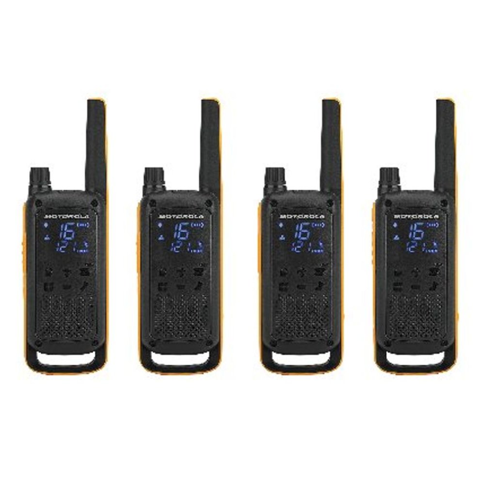 Four Motorola T82 Extreme walkie-talkies in black and orange, featuring a digital display, antenna, and buttons for channel selection and volume control.