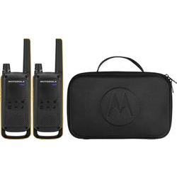 Two black Motorola Talkabout T82 Extreme walkie talkies with yellow accents, featuring 16 channels and a waterproof design, accompanied by a black carrying case.