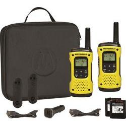 Two yellow Motorola Talkabout T92 H2O two-way radios with black accents, featuring LCD screens, antennas, and a carrying case, alongside charging cables and batteries.