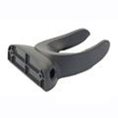 Black plastic wall mount holder with a curved design, featuring a flat base for secure attachment and a slot for holding devices.